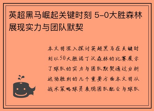 英超黑马崛起关键时刻 5-0大胜森林展现实力与团队默契